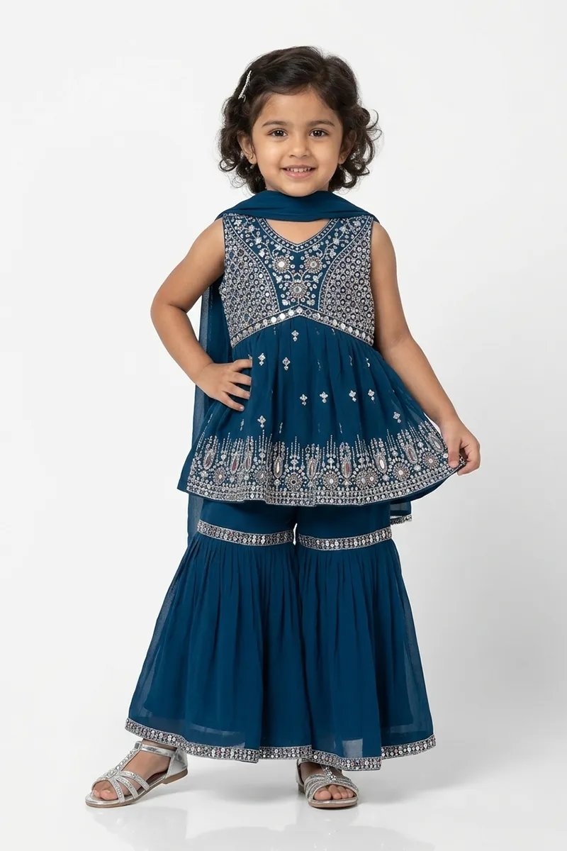 Georgette Sequined Anarkali Kurti with Sharara & Dupatta