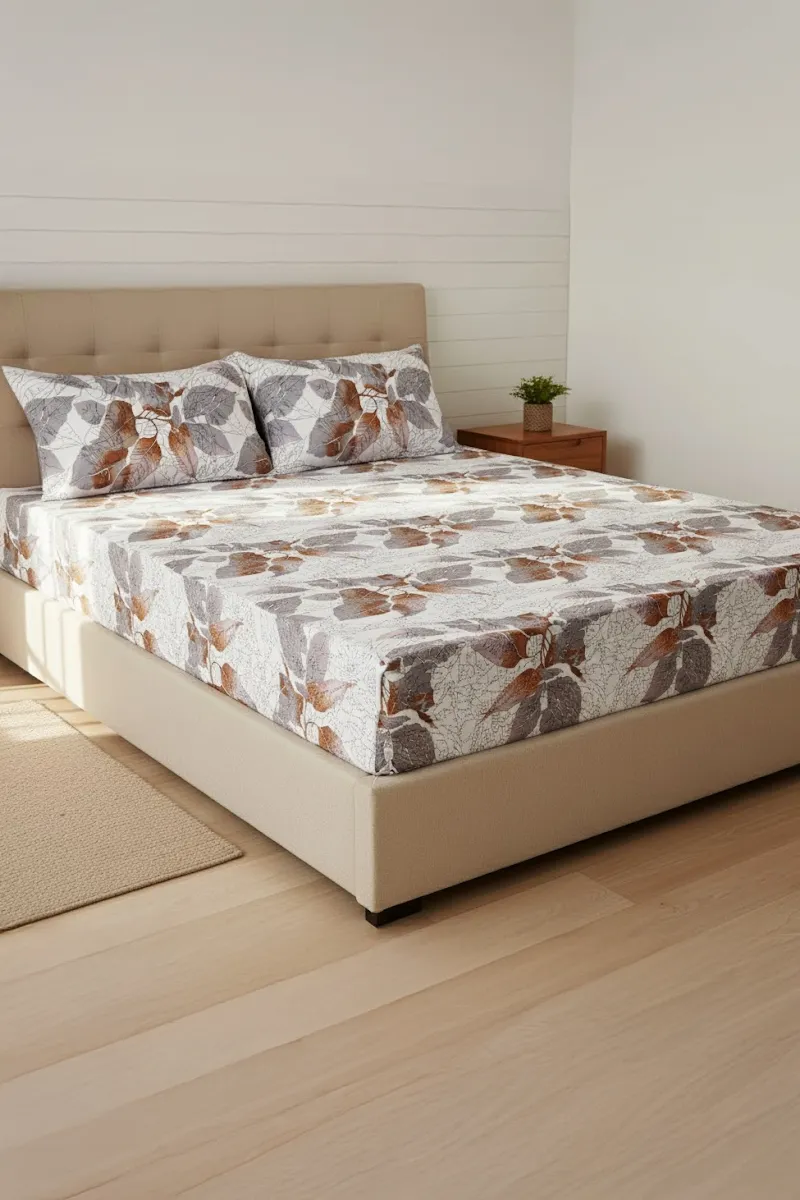 Cotton Blend Printed King Size Bedsheet with 2 Pillow Covers – 3 Pcs 025186KINOFFWHI