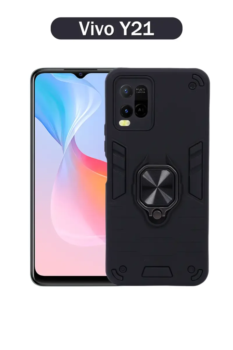 Plastic & Rubber Solid Hard Back Cover Case for Vivo Y21 with Protective Design, 360° Ring Stand, Secure Grip (Black)