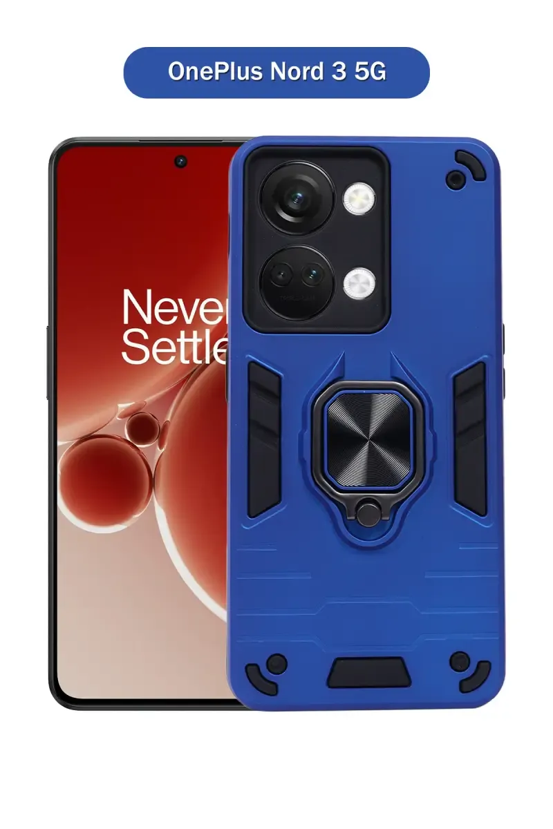 Plastic & Rubber Solid Hard Back Cover Case for OnePlus Nord 3 5G with Protective Design, 360° Ring Stand, Secure Grip (Blue)