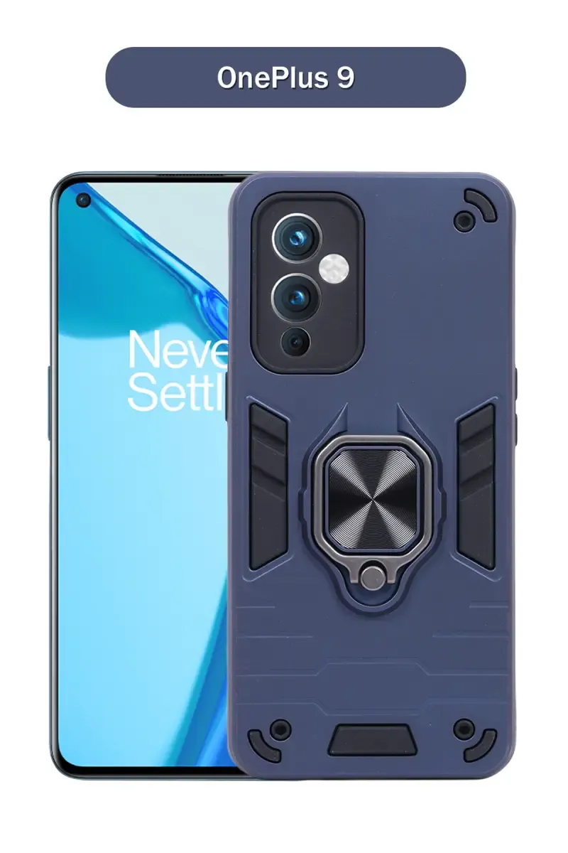 Plastic & Rubber Solid Hard Back Cover Case for OnePlus 9 With Protective Design, 360° Ring Stand, Secure Grip (Steel Blue)