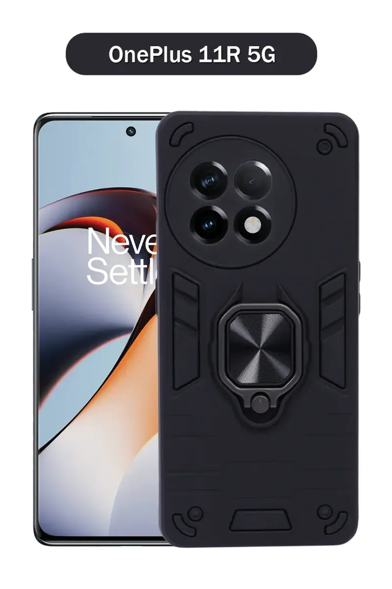 Plastic & Rubber Solid Hard Back Cover Case for OnePlus 11R 5G With Protective Design, 360° Ring Stand, Secure Grip (Black) 025648ONE11R5GBLA