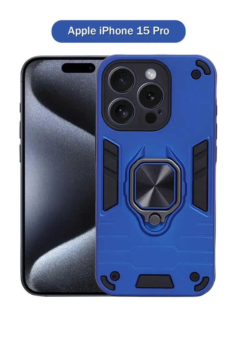 Plastic & Rubber Solid Hard Back Cover Case for Apple iPhone 15 Pro With Protective Design, 360° Ring Stand, Secure Grip (Blue)