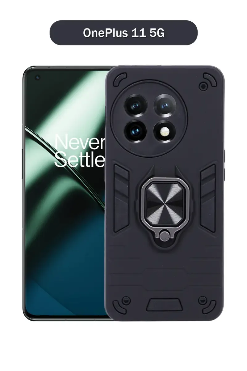 Plastic & Rubber Solid Hard Back Cover Case for OnePlus 11 5G With Protective Design, 360° Ring Stand, Secure Grip (Black)