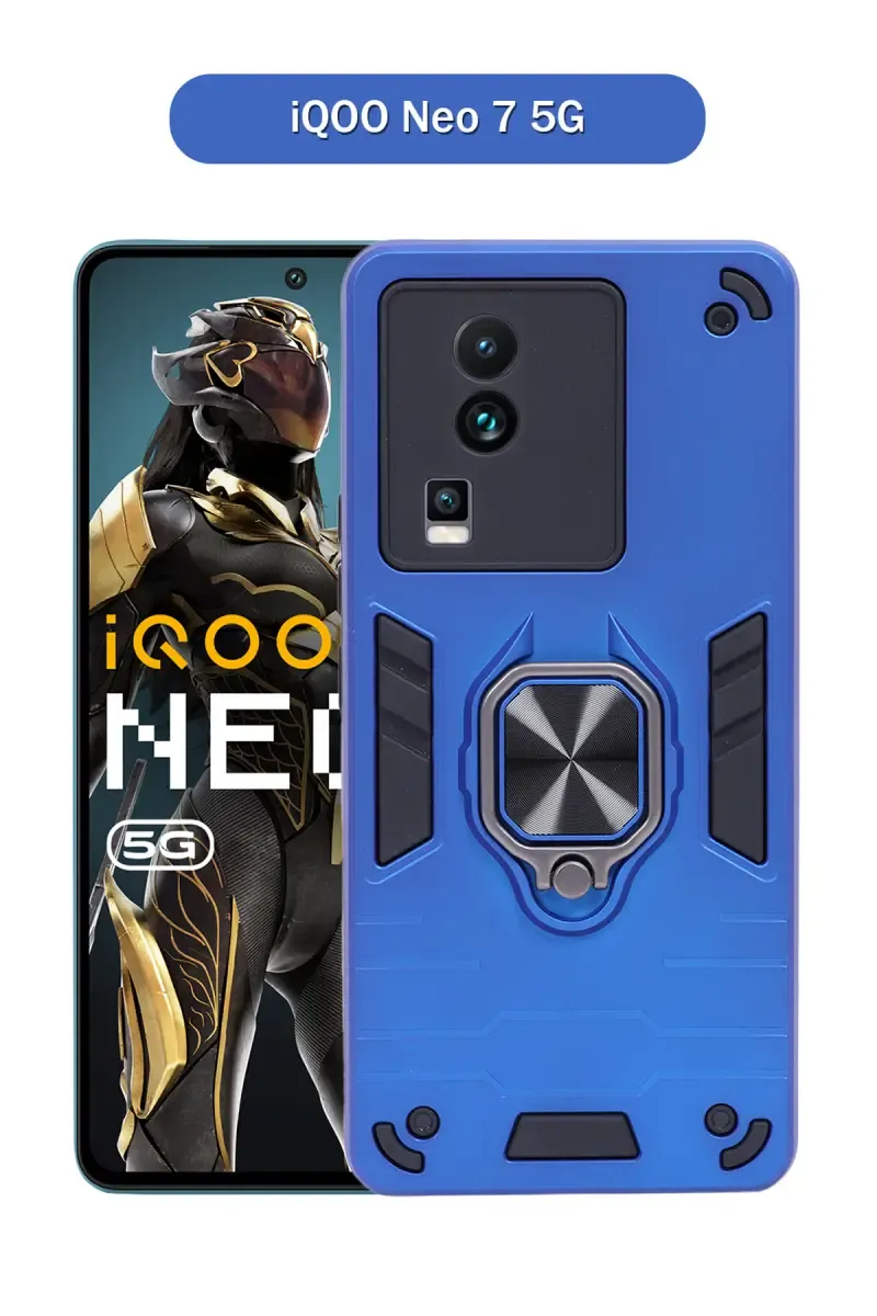 Plastic & Rubber Solid Hard Back Cover Case for iQOO Neo 7 5G With Protective Design, 360° Ring Stand, Secure Grip (Blue)