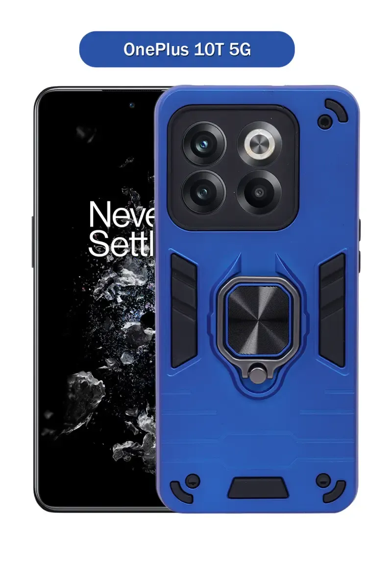 Plastic & Rubber Solid Hard Back Cover Case for OnePlus 10T 5G With Protective Design, 360° Ring Stand, Secure Grip (Blue) 025671ONE10T5GBLU
