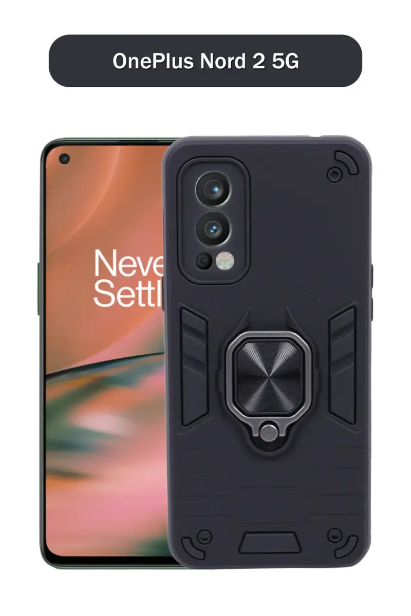 Plastic & Rubber Solid Hard Back Cover Case for OnePlus Nord 2 5G With Protective Design, 360° Ring Stand, Secure Grip (Black)
