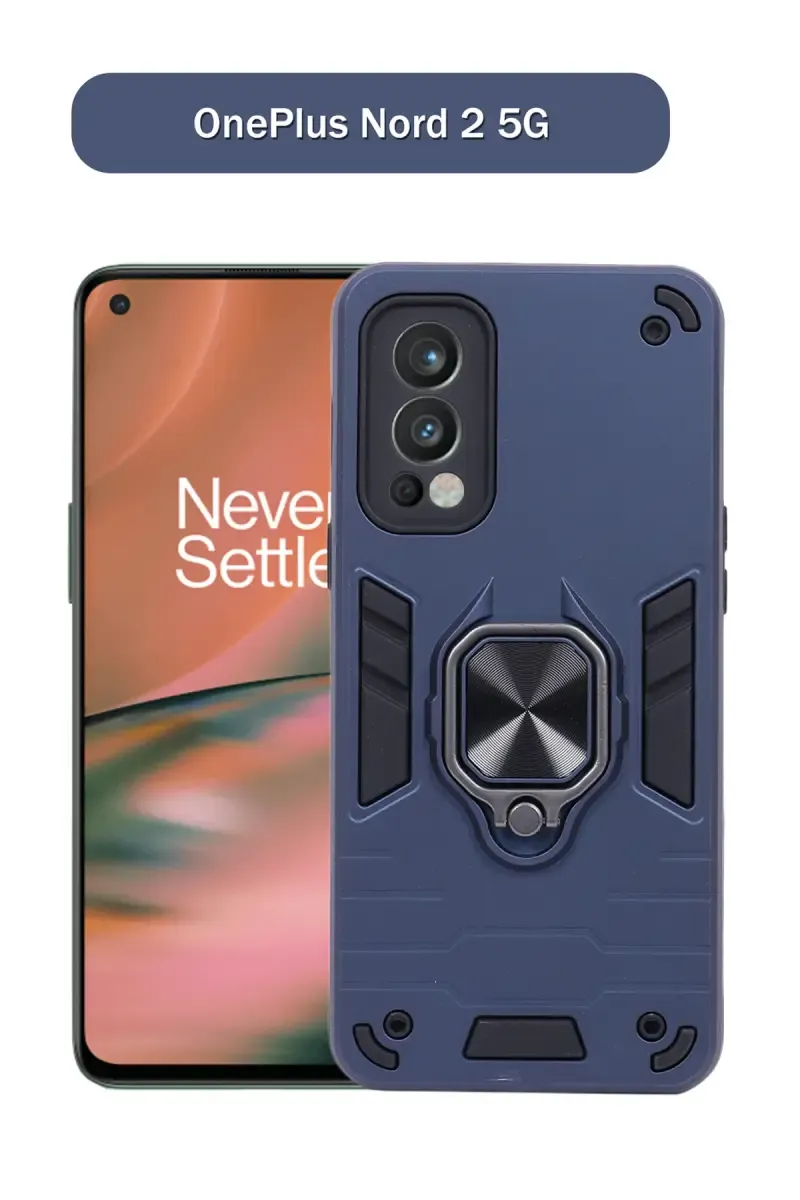 Plastic & Rubber Solid Hard Back Cover Case for OnePlus Nord 2 5G With Protective Design, 360° Ring Stand, Secure Grip (Steel Blue) 025678ONENOR25GSTEBLU