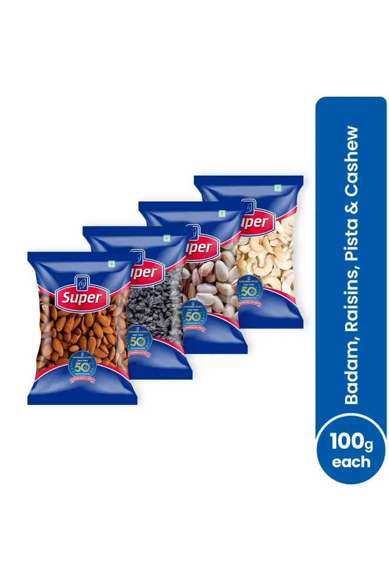 Super Badam, Cashew (Munthiri), Black Kismis/Raisins, Pista Combo - Pack of 4 (100 Gram Each)