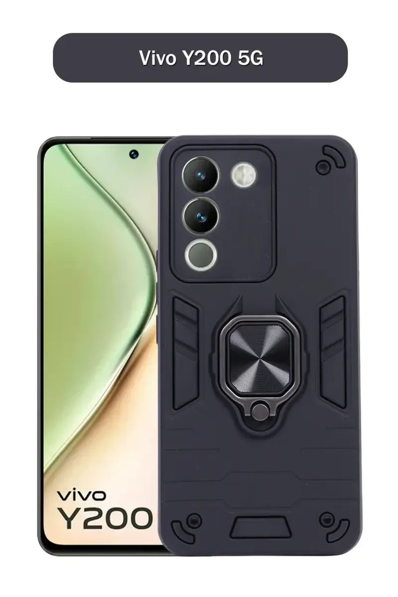 Plastic & Rubber Solid Hard Back Cover Case for Vivo Y200 5G With Protective Design, 360° Ring Stand, Secure Grip (Black) 025785VIVY205GBLA
