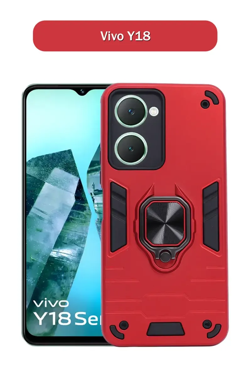 Plastic & Rubber Solid Hard Back Cover Case for Vivo Y18 With Protective Design, 360° Ring Stand, Secure Grip (Red) 025796VIVY18RED