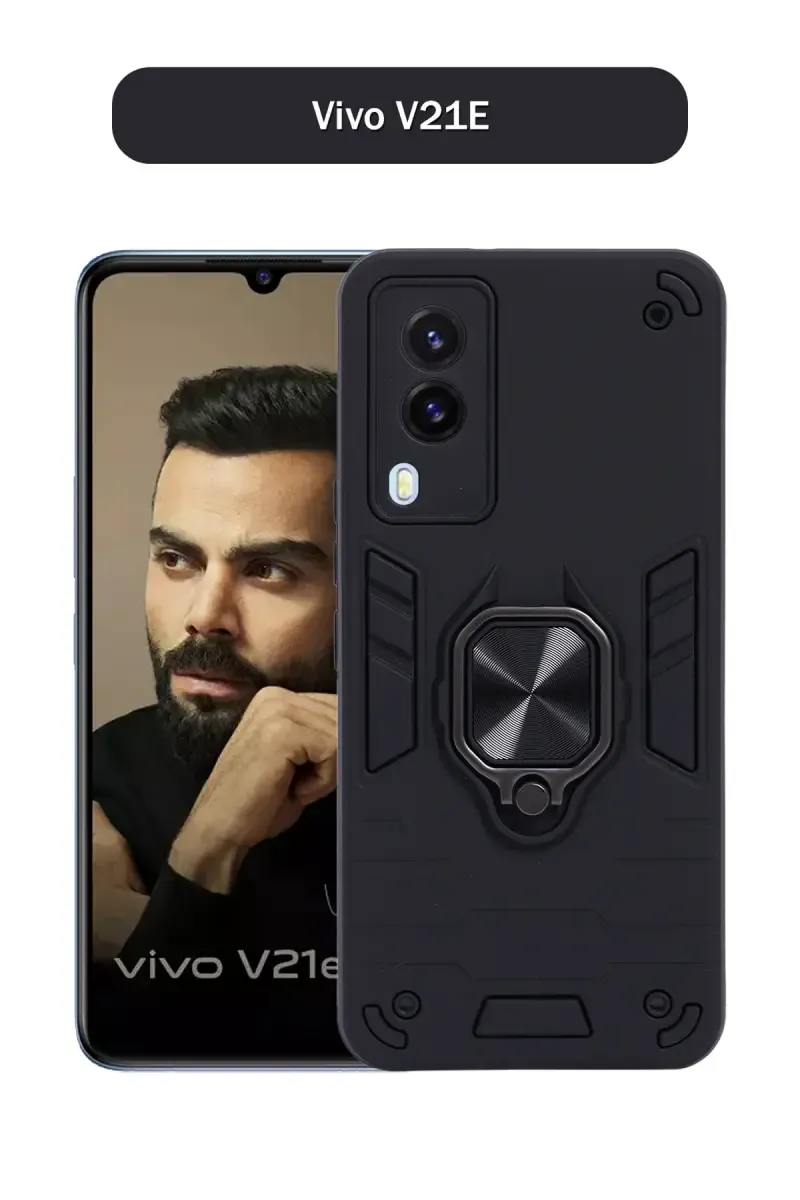 Plastic & Rubber Solid Hard Back Cover Case for Vivo V21E With Protective Design, 360° Ring Stand, Secure Grip (Black)