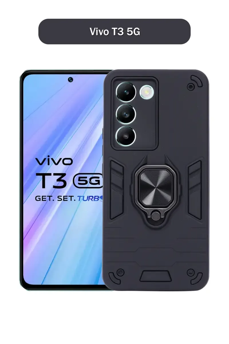 Plastic & Rubber Solid Hard Back Cover Case for Vivo T3 5G With Protective Design, 360° Ring Stand, Secure Grip (Black) 025801VIVT35GBLA