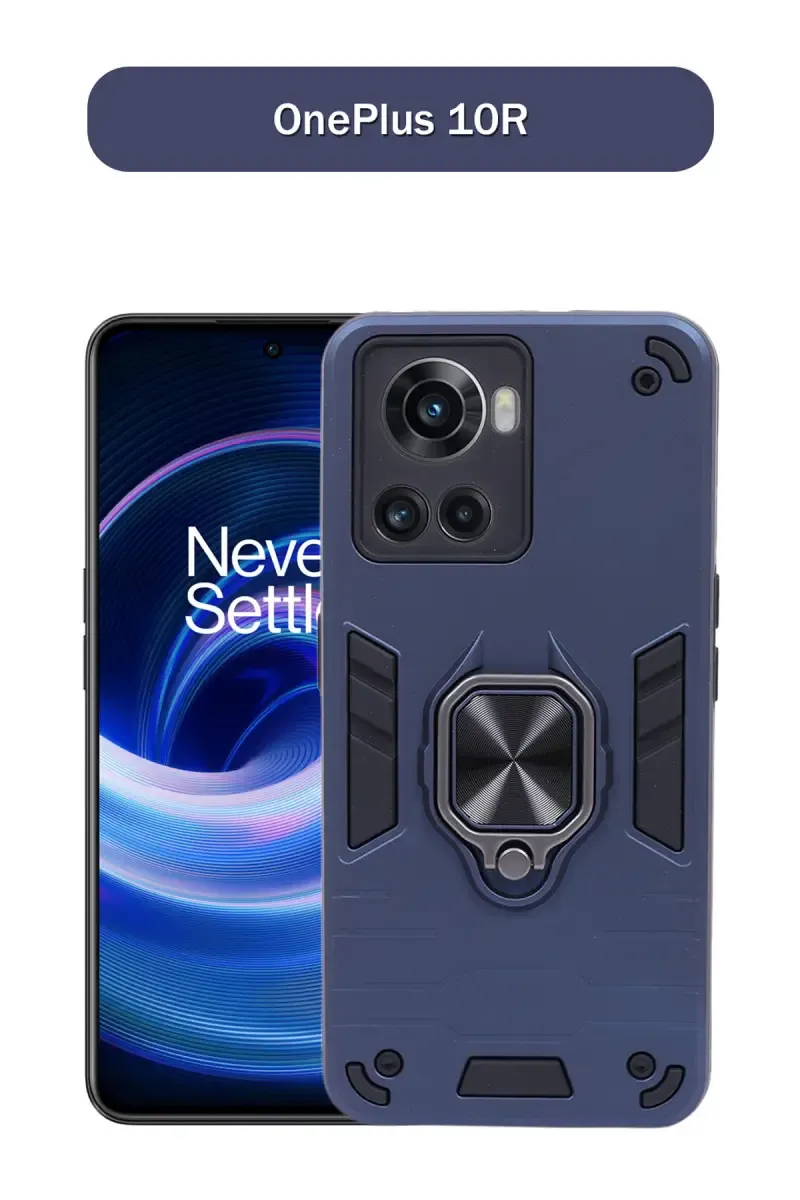Plastic & Rubber Solid Hard Back Cover Case for OnePlus 10R With Protective Design, 360° Ring Stand, Secure Grip (Steel Blue)