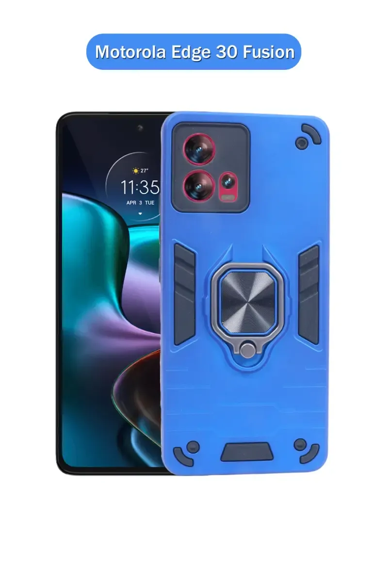 Plastic & Rubber Solid Hard Back Cover Case for Motorola Edge 30 Fusion With Protective Design, 360° Ring Stand, Secure Grip (Blue)