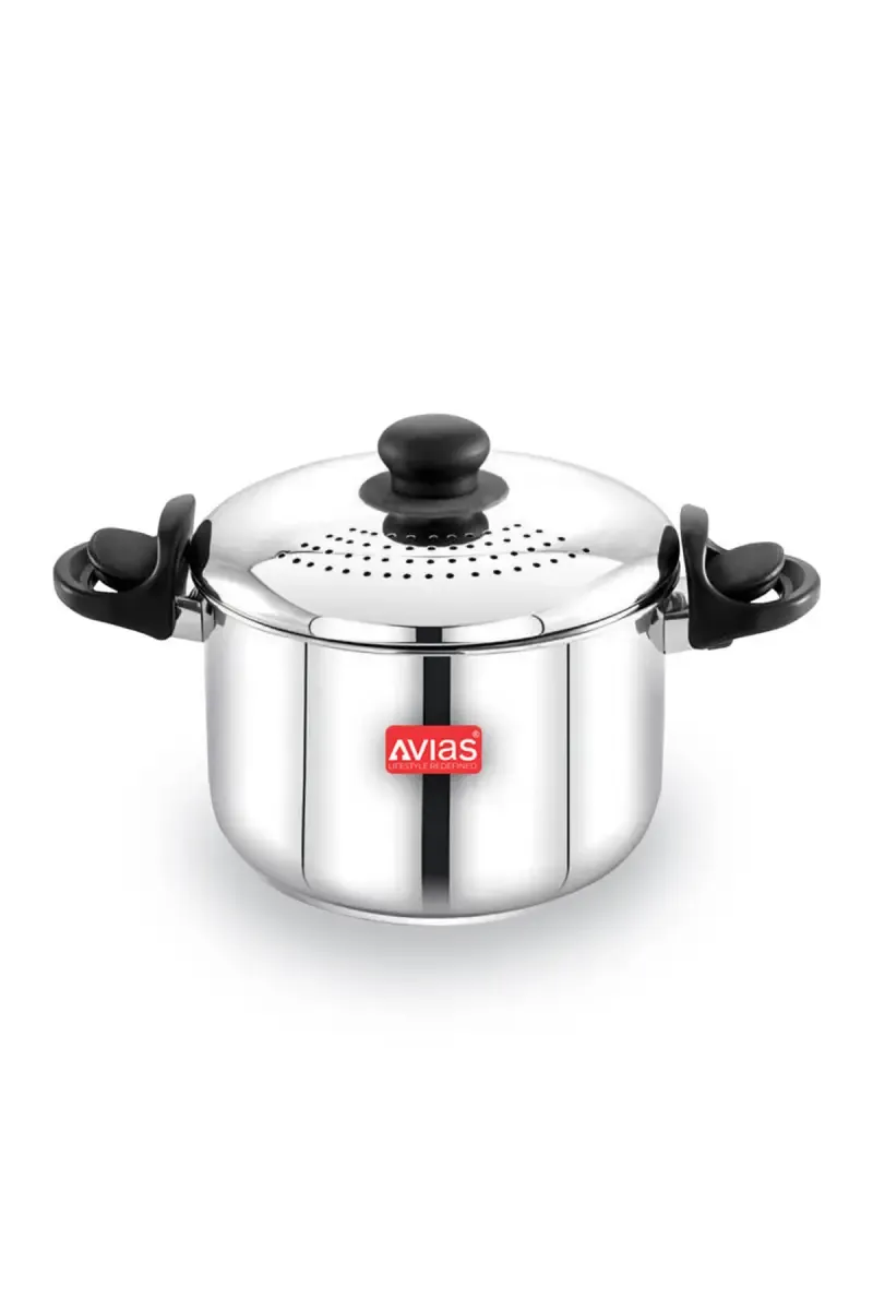 Avias Stainless Steel Strainer Pot with Built-in Strainer Lid and Glass Lid - 3.7 Ltr