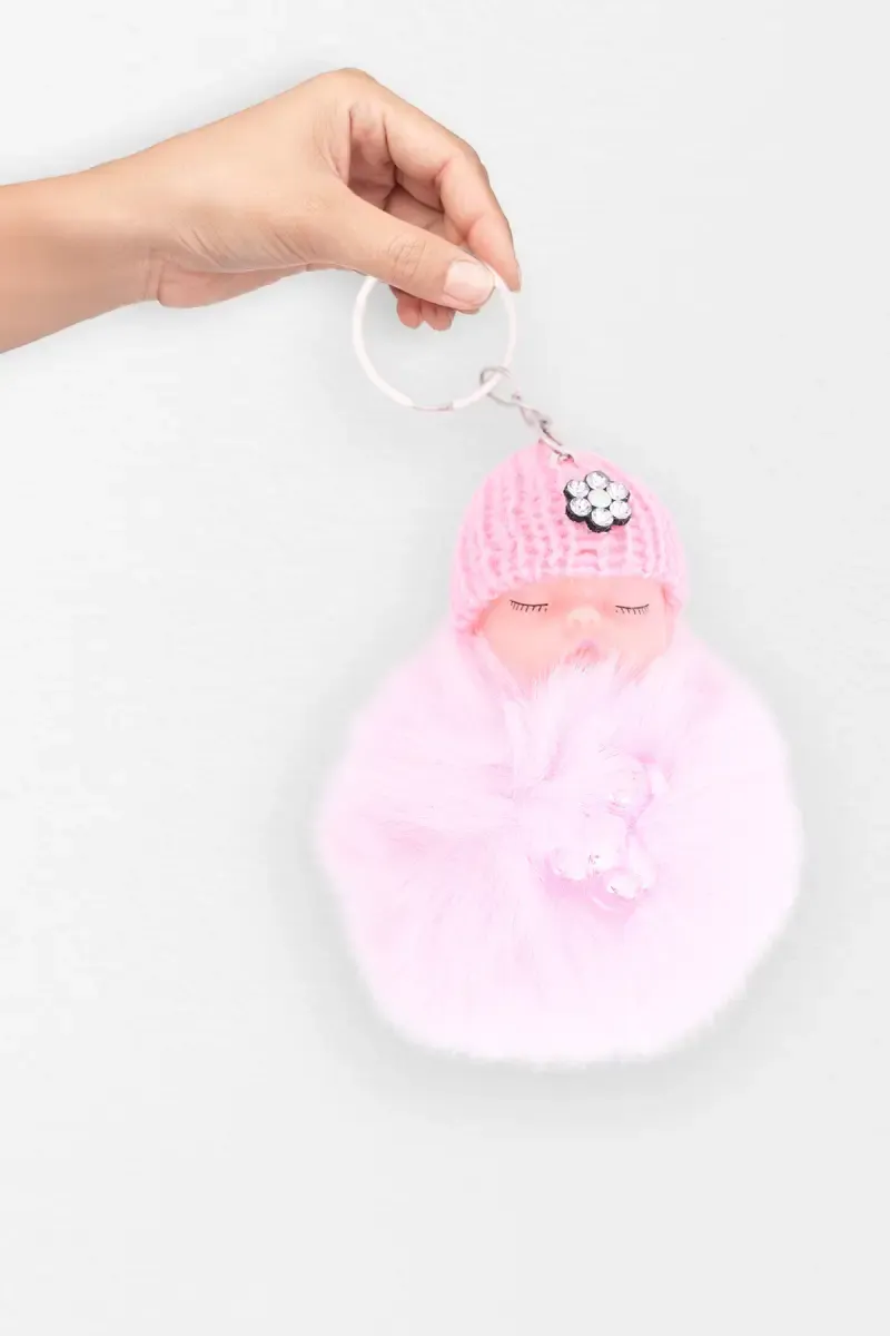 Fluffy Fur Pompom Sleeping Baby Doll Keychain