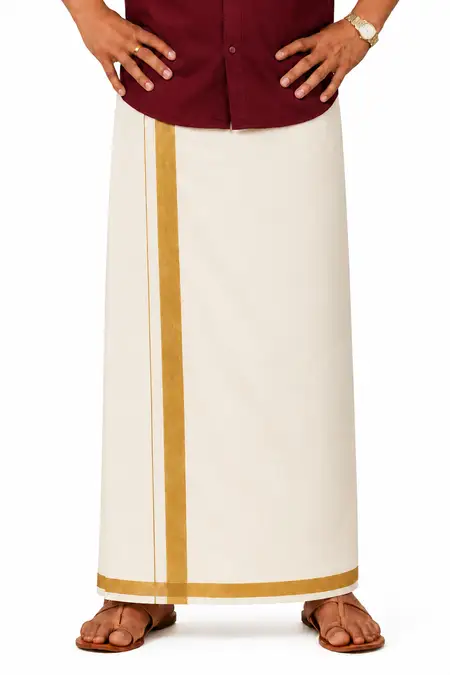 Men Gold Zari Border Pure Cotton Dhoti - 3.6 Mtr