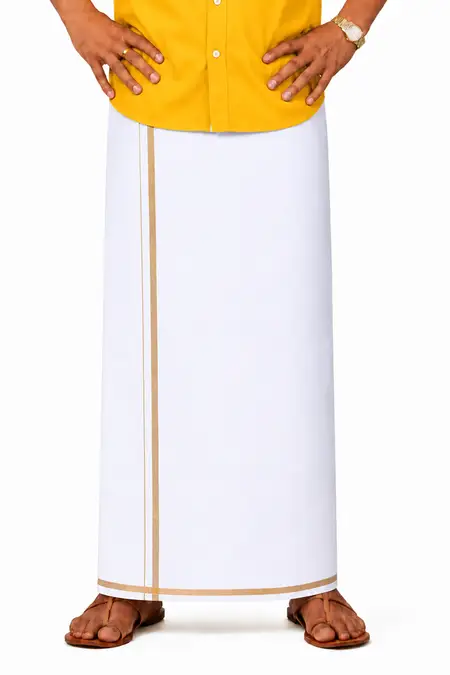Men Solid Cotton Dhoti with Zari Border - 3.6 Mtr
