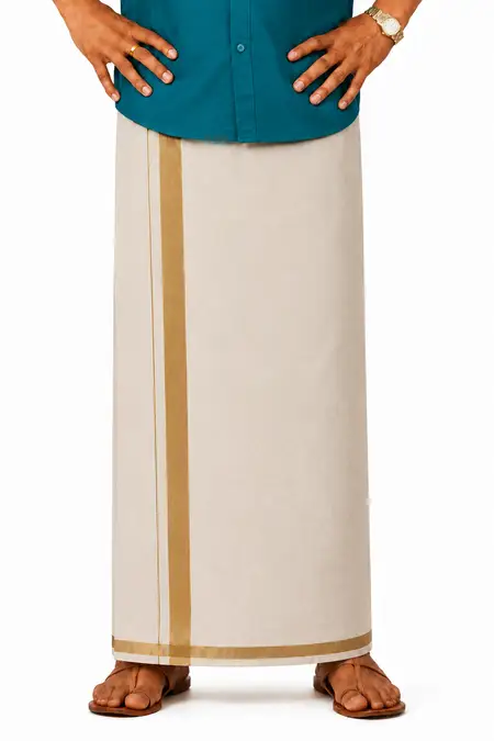 Men Tissue Dhoti with Golden Zari Border - 3.8 Mtr