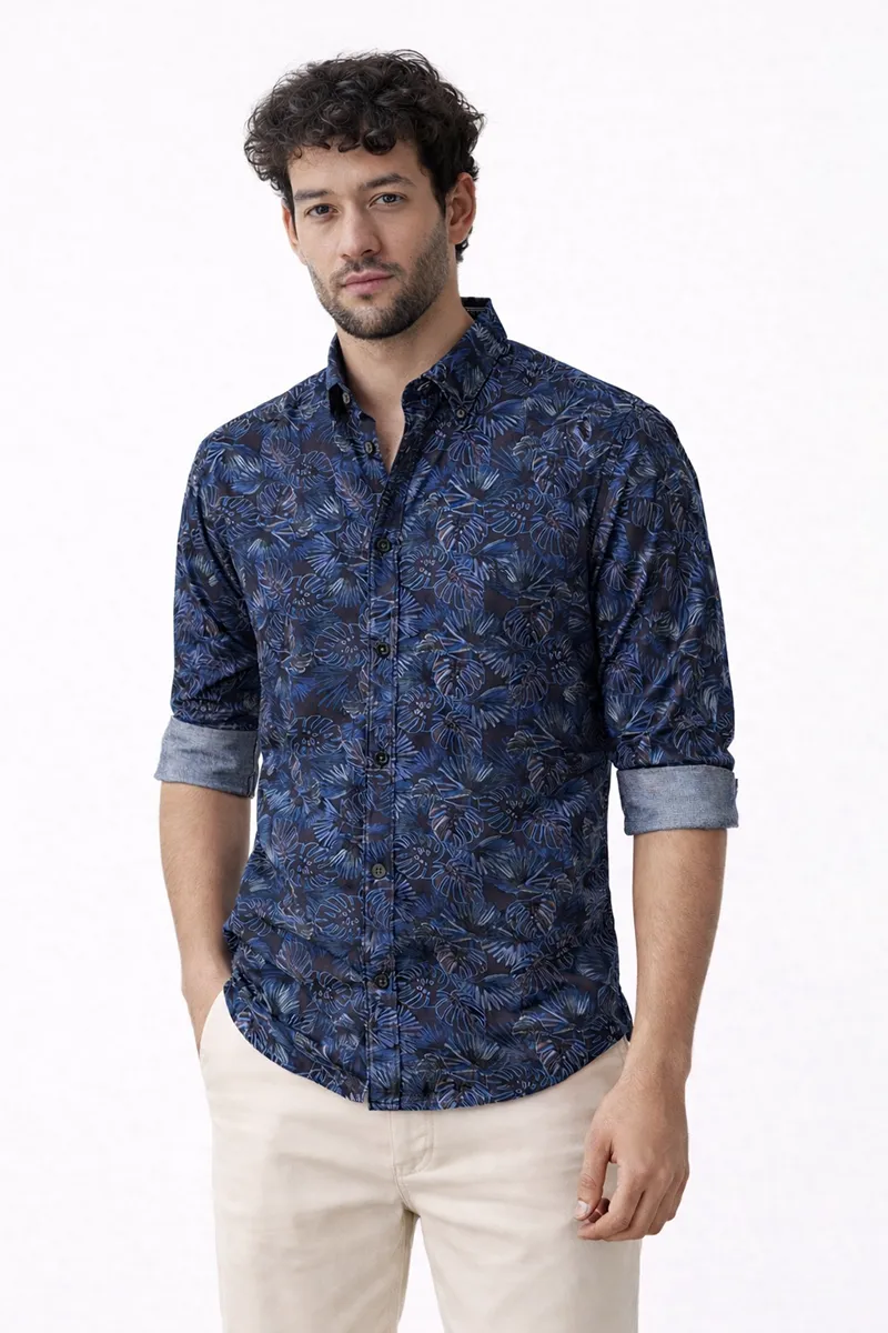 Cotton Printed Full Sleeve Shirt for Men 027029NAVBLUXXL
