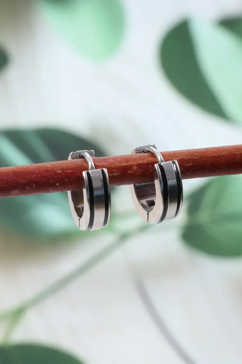 Black Strip Enamel Hoops Earrings for Men