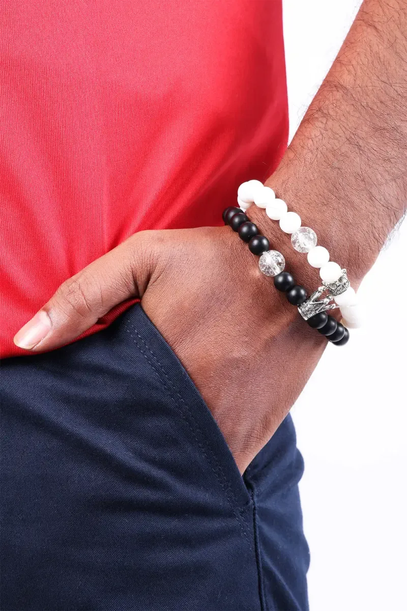 Beaded King & Queen Crown Symbols Wrist Bracelets - Set of 2