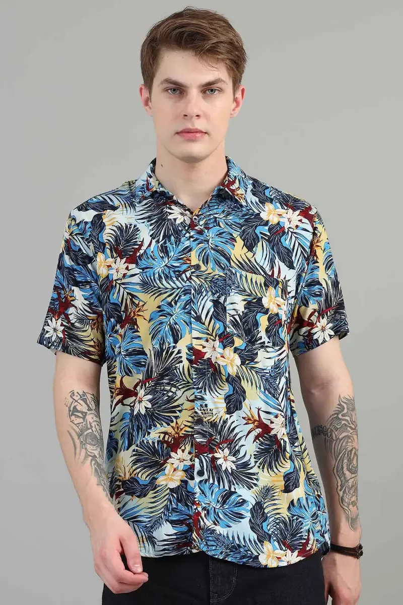 Men's Botanical Printed Rayon Slim Fit Shirt 027533MULXL