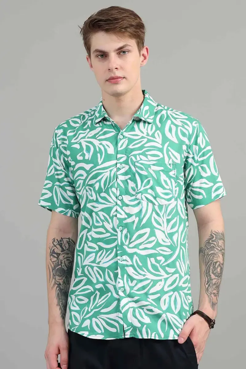 Botanical Printed Slim Fit Shirt for Men 027536SEAGREXL