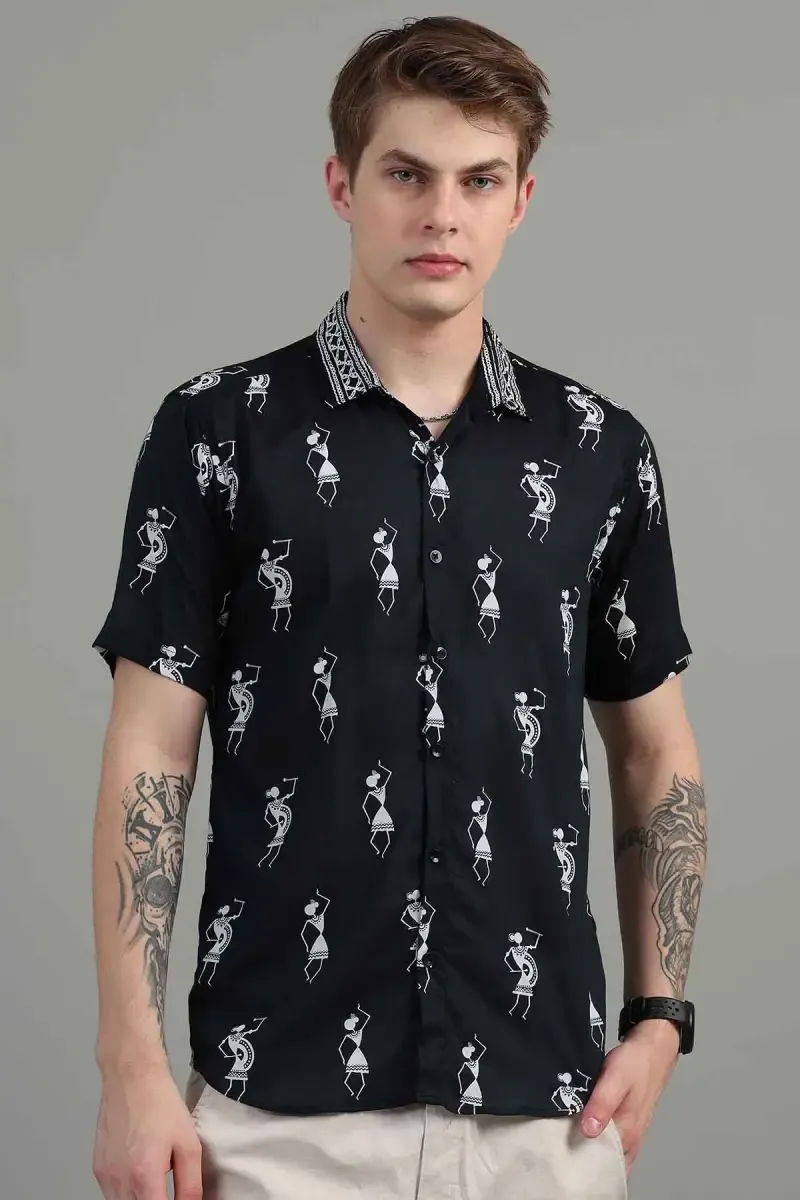Warli Printed Rayon Slim Fit Shirt for Men 027538BLAXL