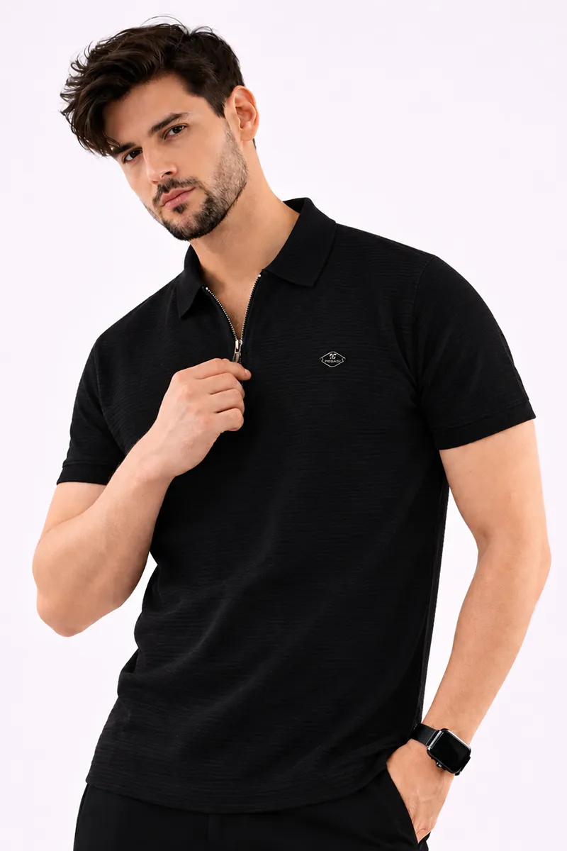 Men's Zipper Closure Polo T-shirt 027852XLBLA