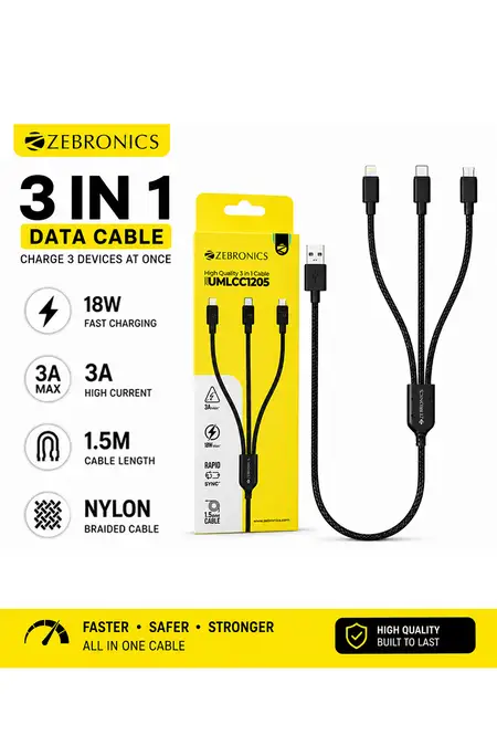 Zebronics 3-in-1 Cable 1.5m USB to Lightning, Type-C & Micro USBUMLCC1205