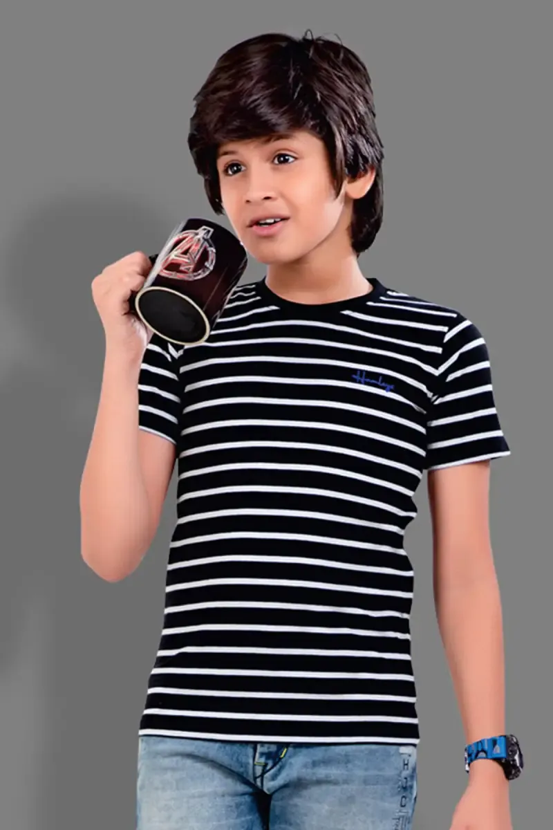Cotton Striped Round Neck T-shirts for Boys 027994910YRSBLA