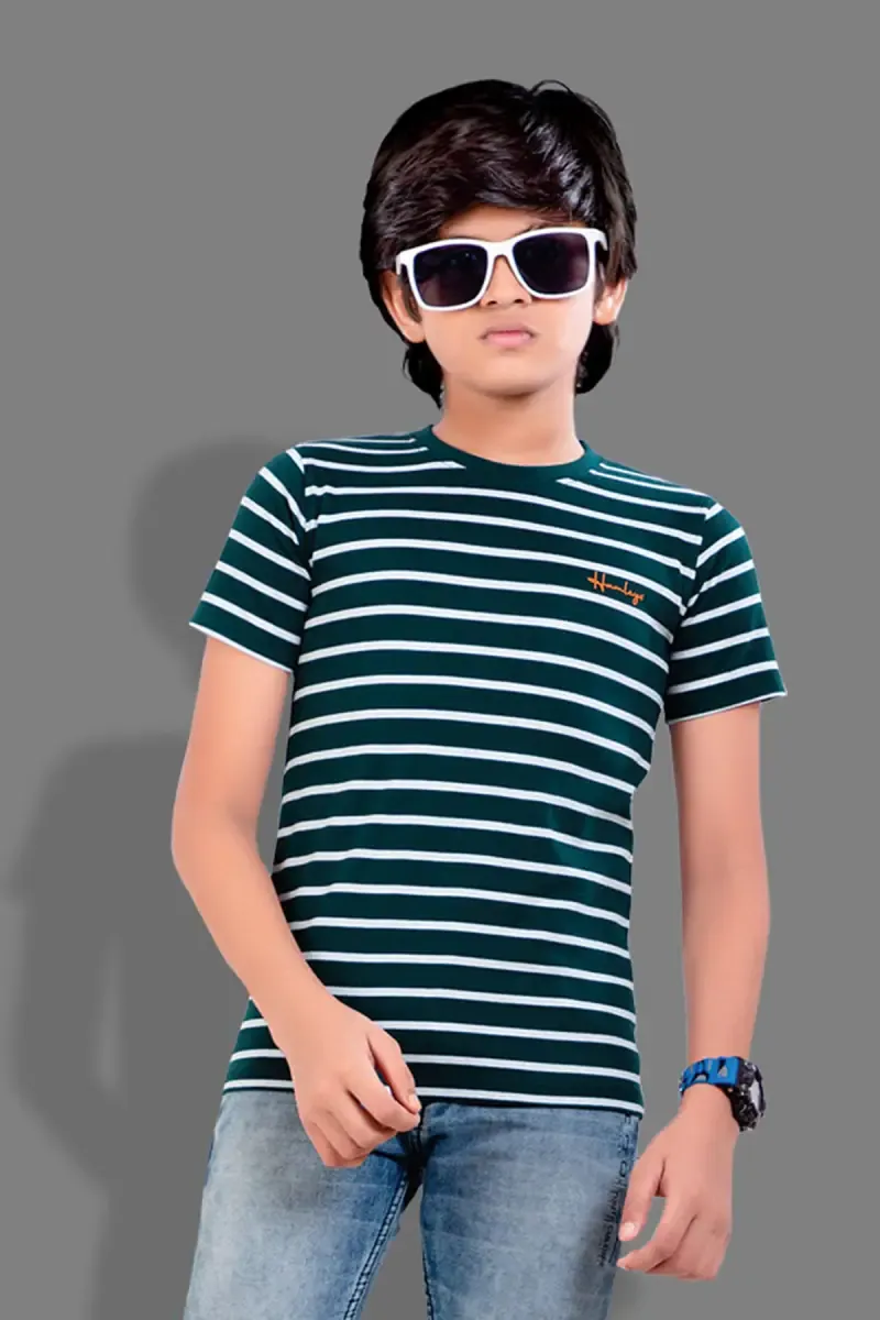 Cotton Striped Round Neck T-shirts for Boys 027994910YRSGRE