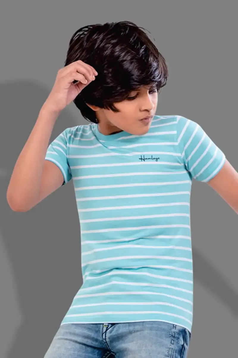 Cotton Striped Round Neck T-shirts for Boys 027994910YRSSKYBLU