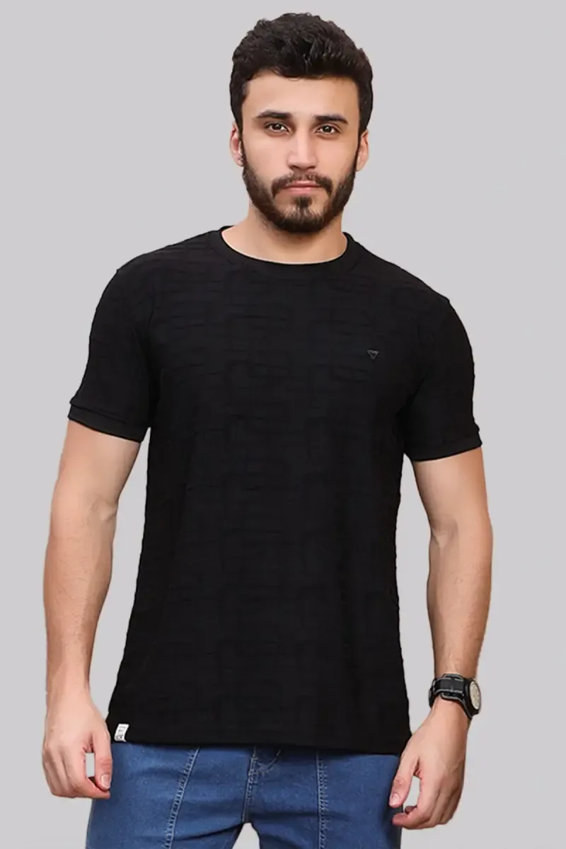 Self Design Round Neck T-shirt for Men 02821540BLA