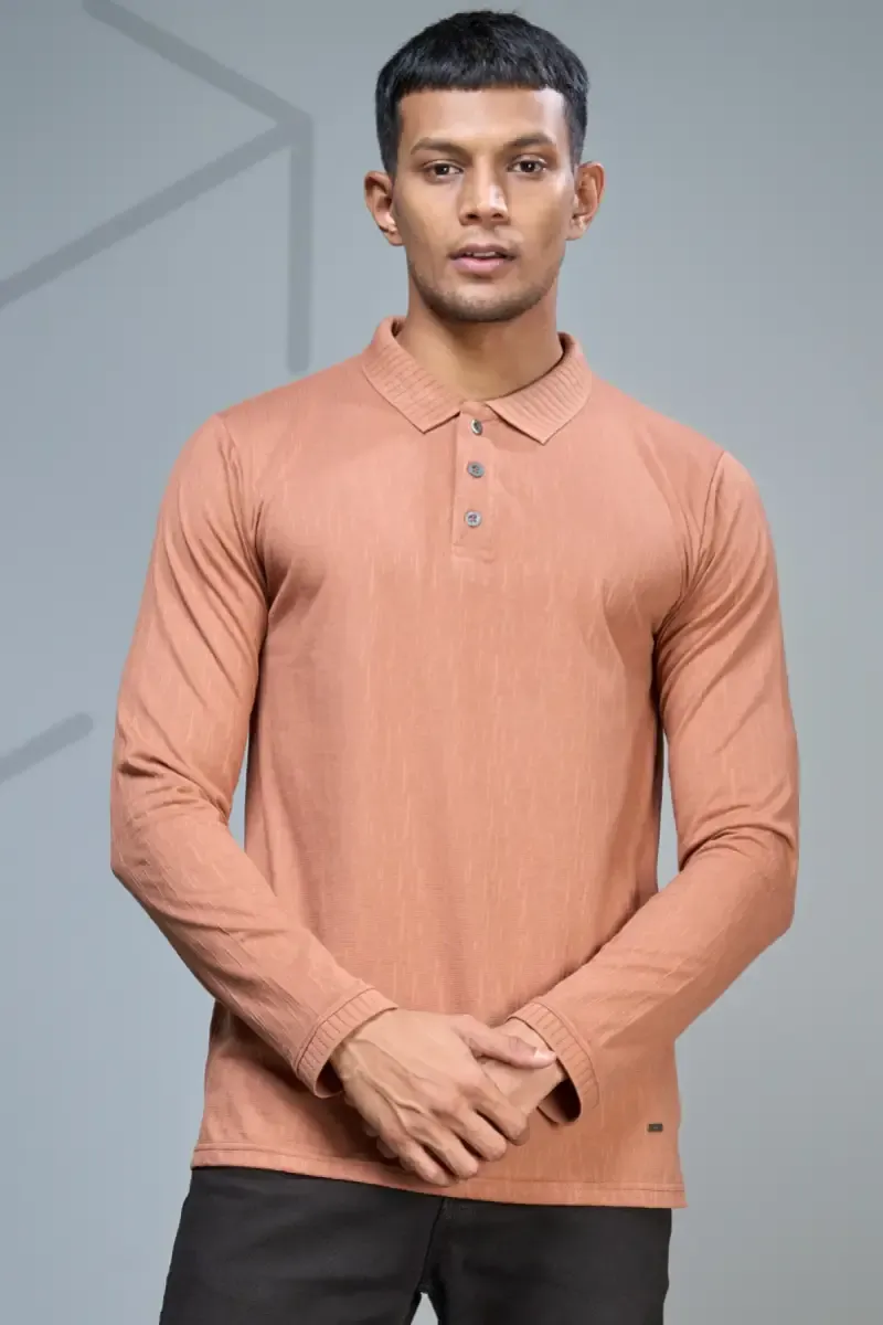 Men's Cotton Self Designed Polo Neck T-shirt