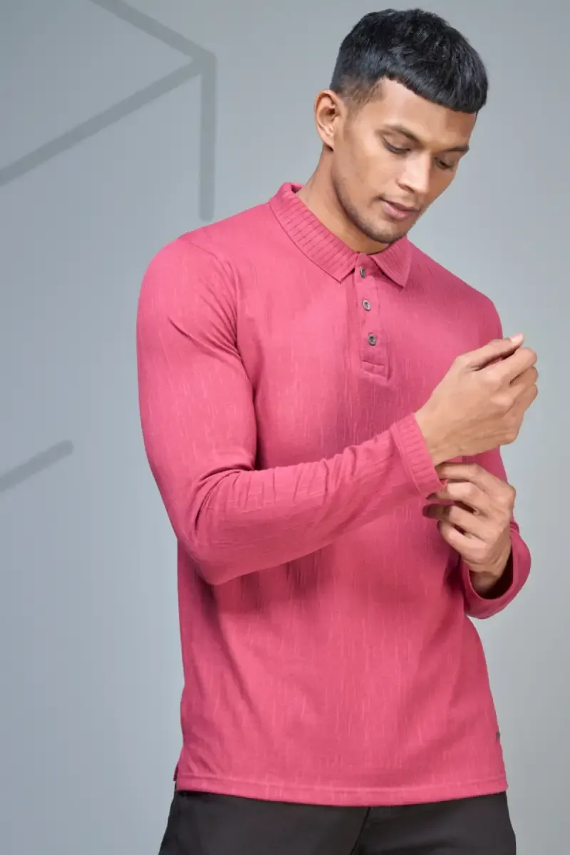 Men's Cotton Self Designed Polo Neck T-shirt 02826538PIN