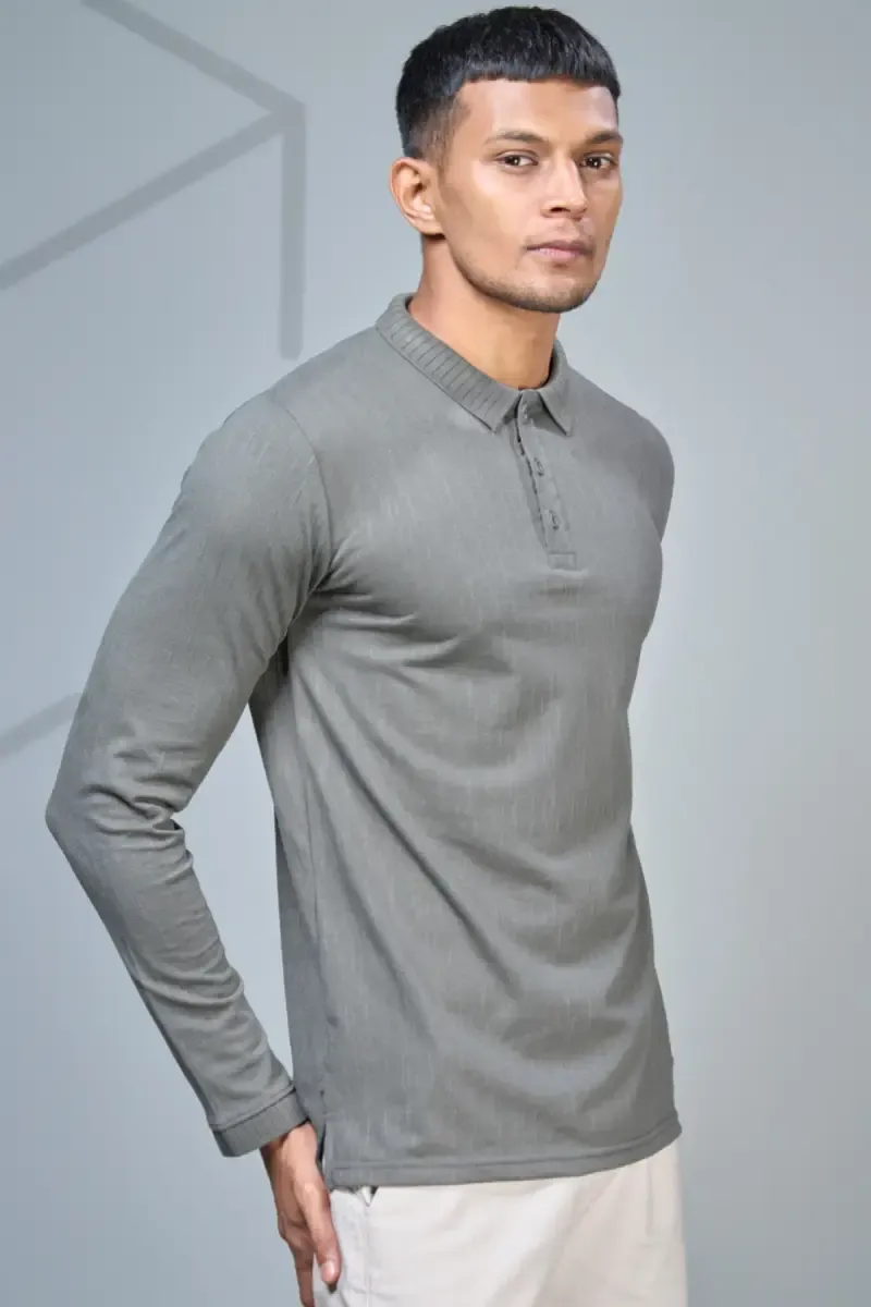 Men's Cotton Self Designed Polo Neck T-shirt 02826540GRE
