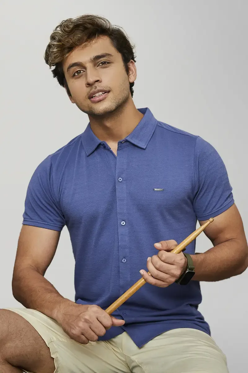 Cotton Blend Self designed Casual Shirt for Men 028405BLU38