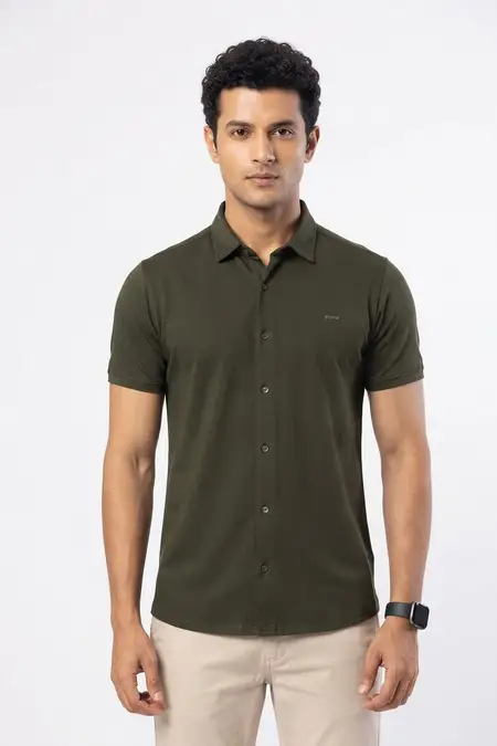 Cotton Blend Self designed Casual Shirt for Men 028405GRE362