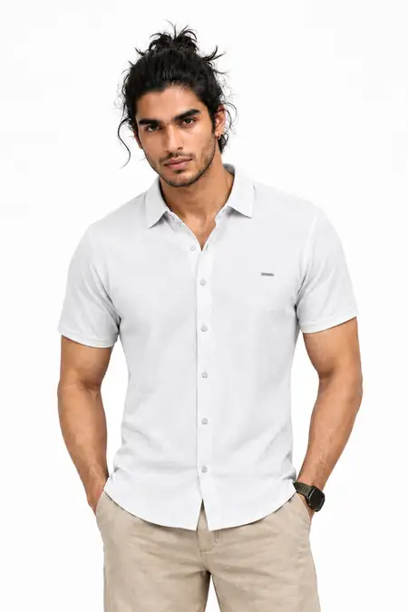 Cotton Blend Self designed Casual Shirt for Men 028405WHI36