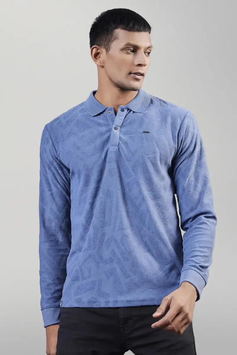 Self Design Polo Neck T-shirt for Men 02843442BLU