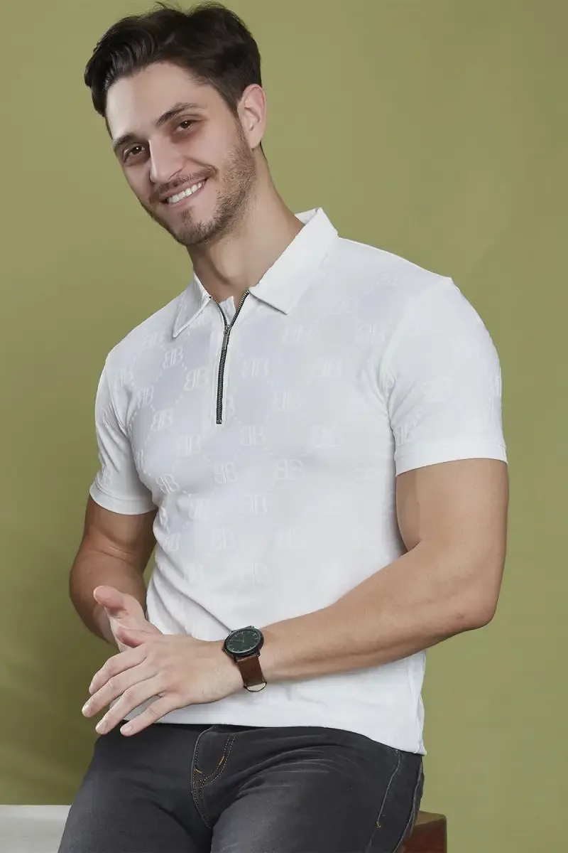 Men's Cotton Self Designed Polo T-shirt 02845642WHI