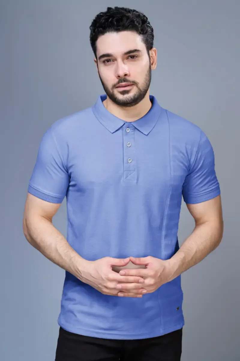 Men's Cotton Self Designed Polo T-shirt 02878044BLU