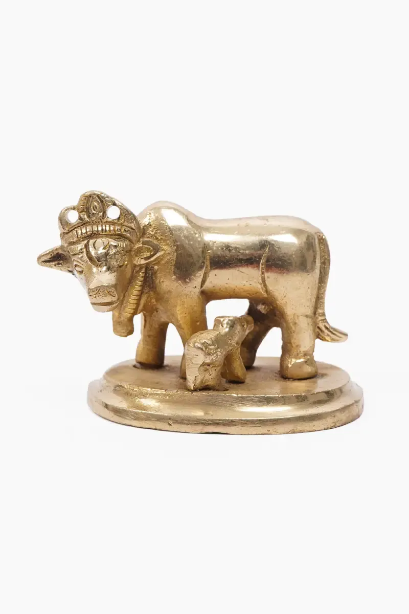 Brass Kamdhenu Cow with Calf Idol - 4 Cm