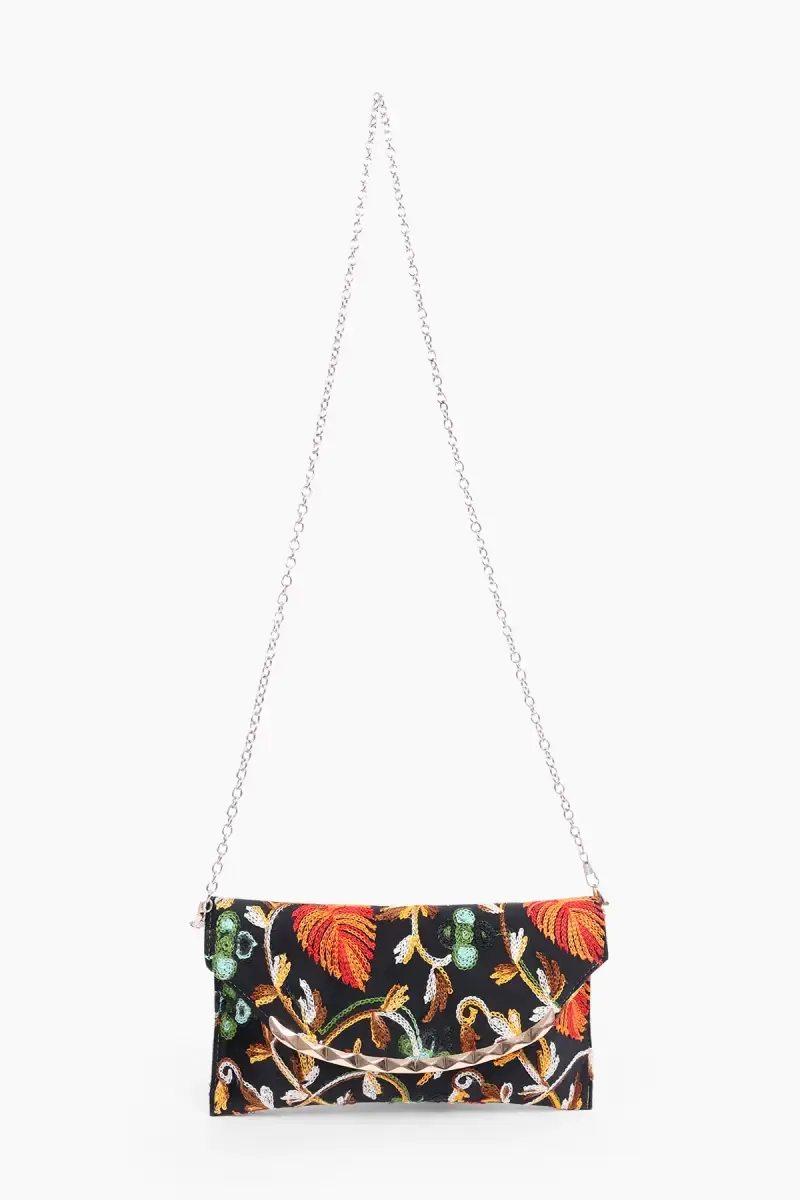 Elegant Embroidered Evening Clutch with Chain Strap for Women 029054BLA