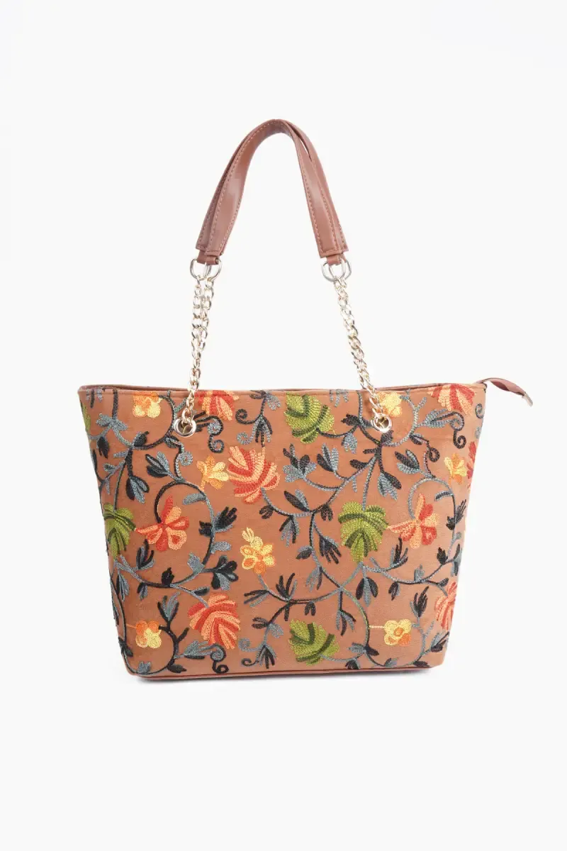 Floral Embroidered Premium Hand Tote Bag for Women 029156TAN2