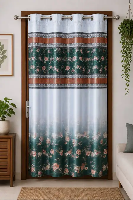 Polyester Floral Door Curtain with Eyelet Rings - 7 x 4 Feet (Approx)