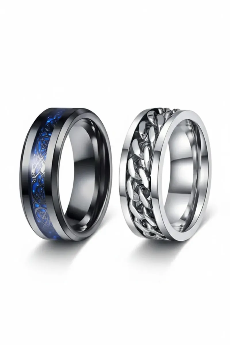 Men’s Dual Style Ring Set – Celtic Blue Inlay & Chain Link Design
